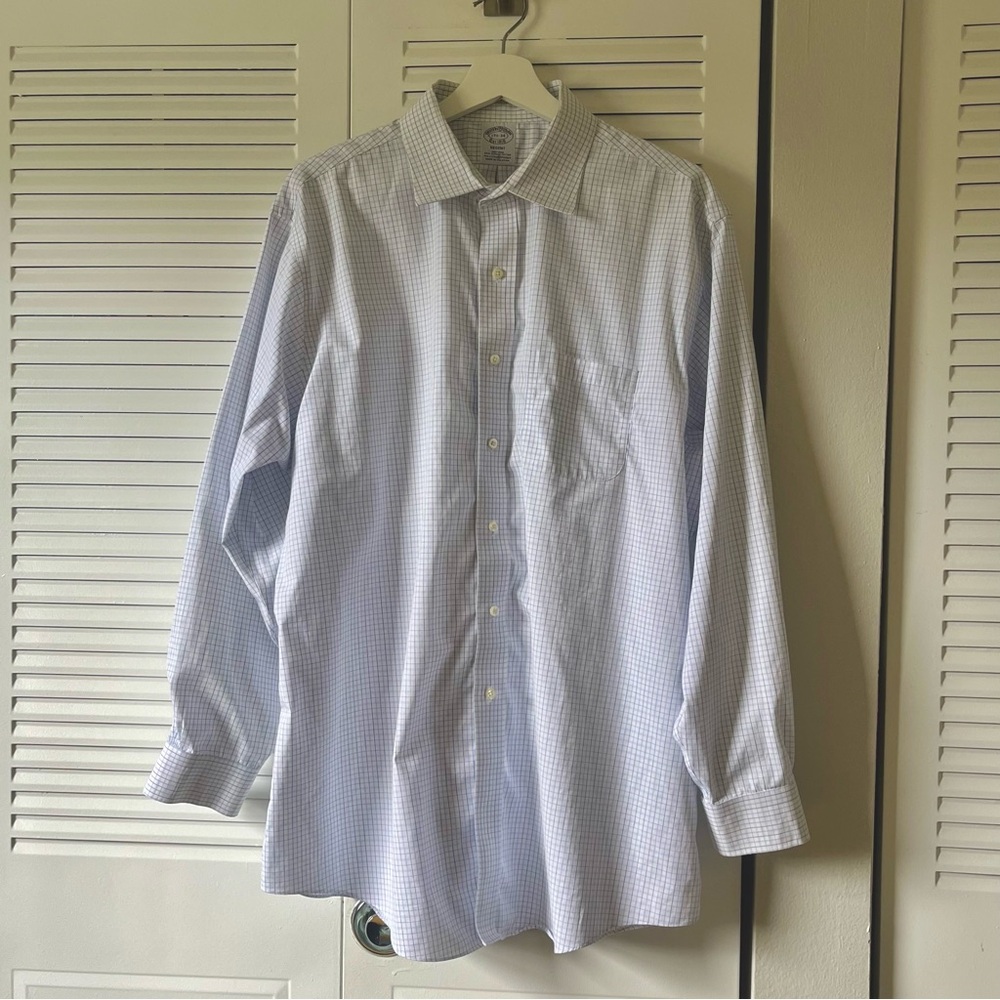 Brooks Brothers Regent Shirt - White Navy Blue Check - 17 1/2-34 Large